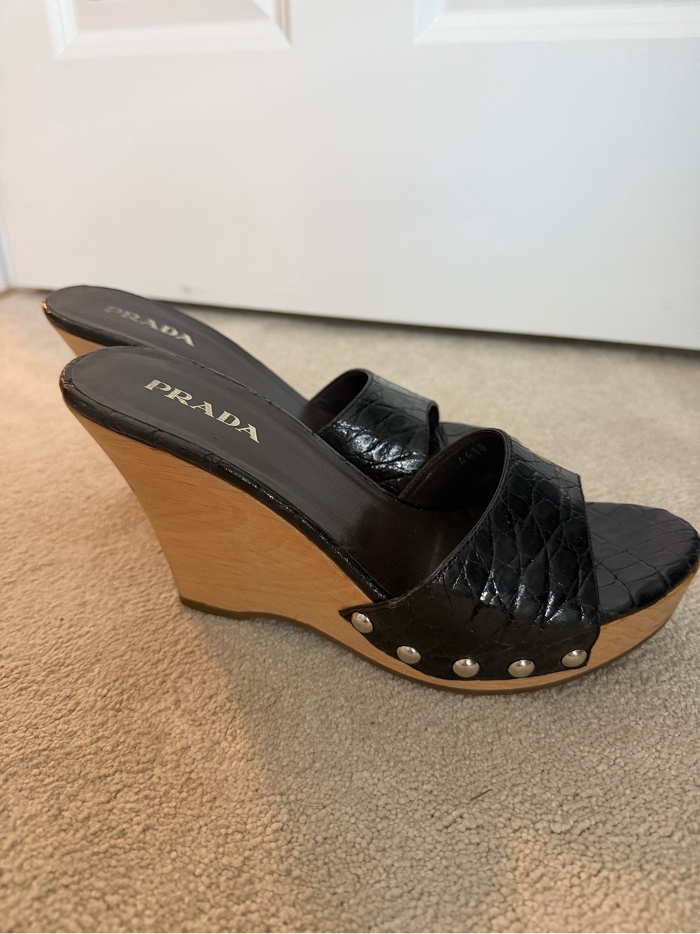 Prada Black Leather Wedge Sandals with Wooden Heel